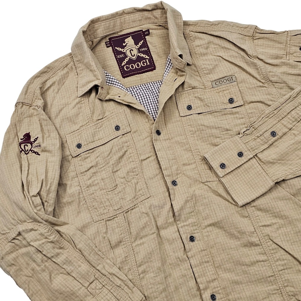 COOGI Button Down Shirt Mens XXL Tan Khaki Textured Utility Safari Streetwear